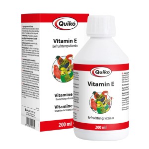 Quiko Vitamin E Ergänzungsfutter für Ziervögel, 200g Flasche und Verpackung.