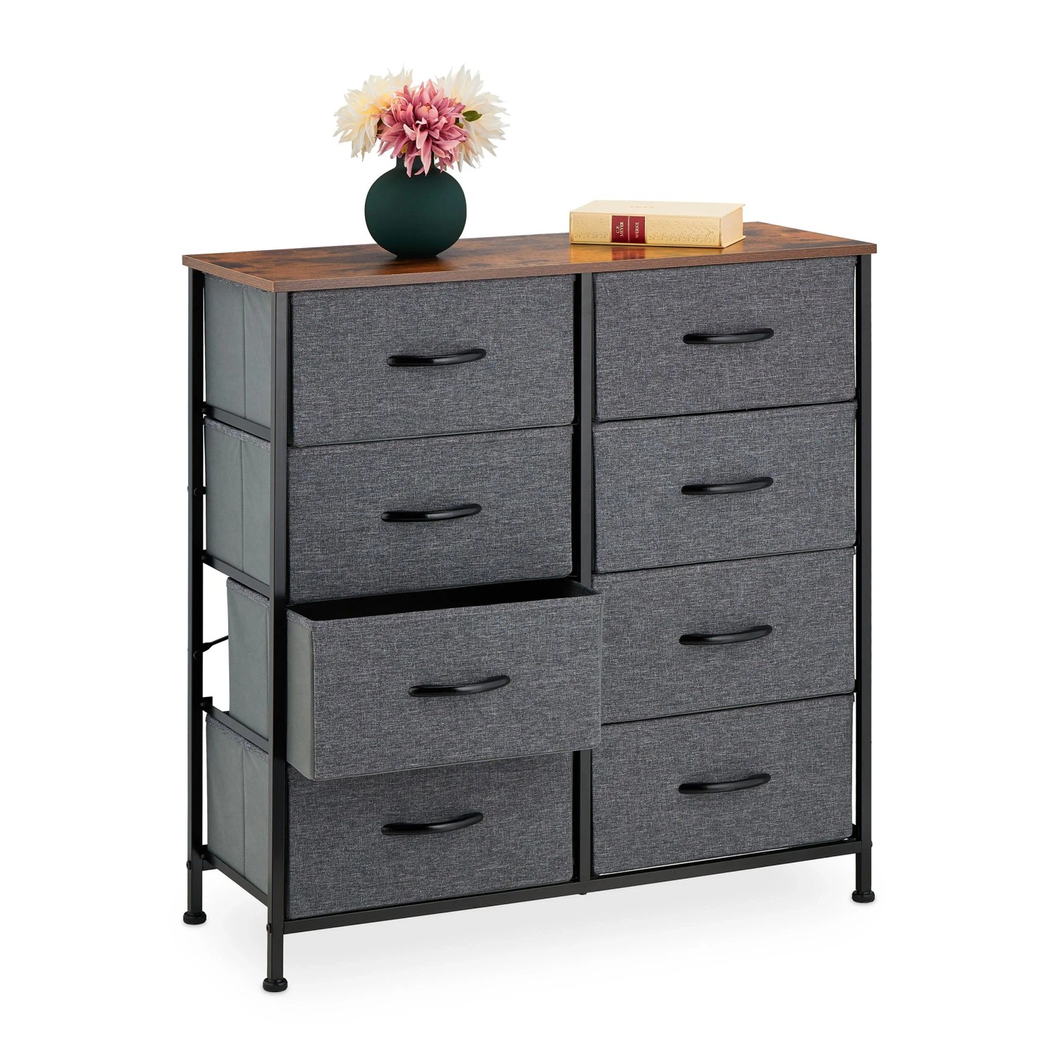 Relaxdays Kommode Polyester Stahl MDF Dunkelgrau Dunkelbraun Schwarz mit 8 Schubladen 81,5 cm x 80 cm x 30 cm 10,2 kg