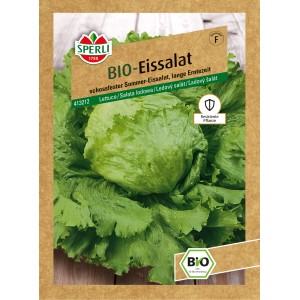 Samenpackung Sperli Bio Eissalat mit großem, grünen Salatkopf.