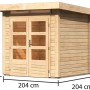 Karibu Holz-Gartenhaus Kumla 1, unbehandelt, mit Pultdach und Maßangaben.