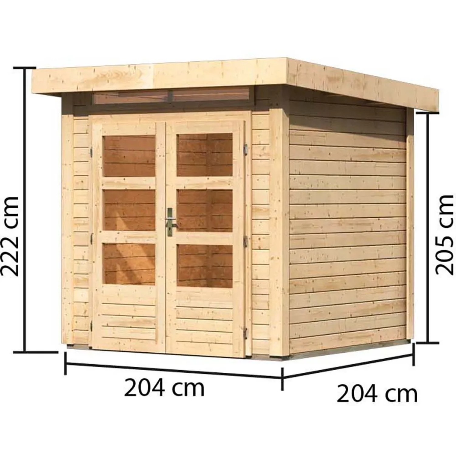 Karibu Holz-Gartenhaus Kumla 1, unbehandelt, mit Pultdach und Maßangaben.