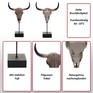 MCW Deko Standfigur Kuhschädel, 47cm, Polyresin, mit Tribal-Verzierung.