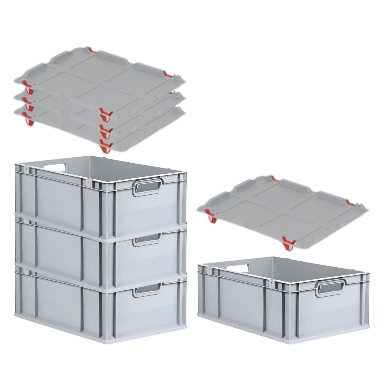PROREGAL SuperSparSet 4x Eurobox NextGen Grip mit Auflagedeckel mit 4 Roten Schiebeschnappverschlüssen HxBxT 22 x 40 x 6...