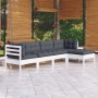 Weißes 5-tlg. Garten-Lounge-Set aus Kiefernholz mit anthrazitfarbenen Kissen.