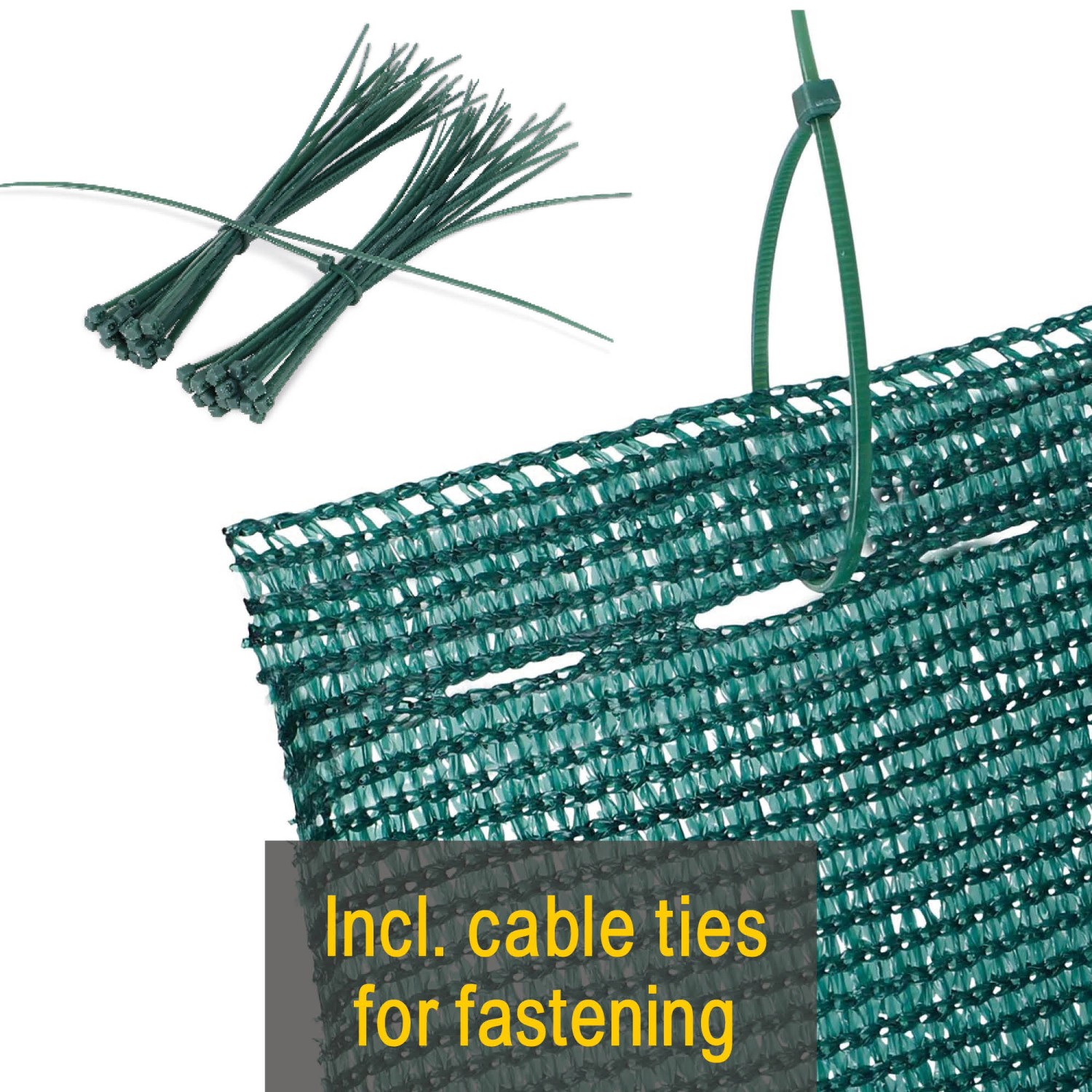 Detailaufnahme des grünen Sol Royal Schattiergewebes mit Kabelbindern zur Befestigung.