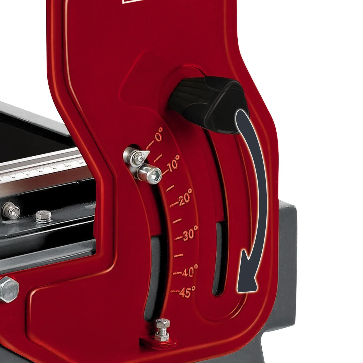 Detailaufnahme: Winkelverstellung am Einhell Radial-Fliesenschneider TE-TC 620 U.
