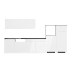 Moderne Küchenzeile Gera 360 cm in Weiß/Beton ohne E-Geräte. Einbauküche mit Hochglanzfronten und grauer Arbeitsplatte.