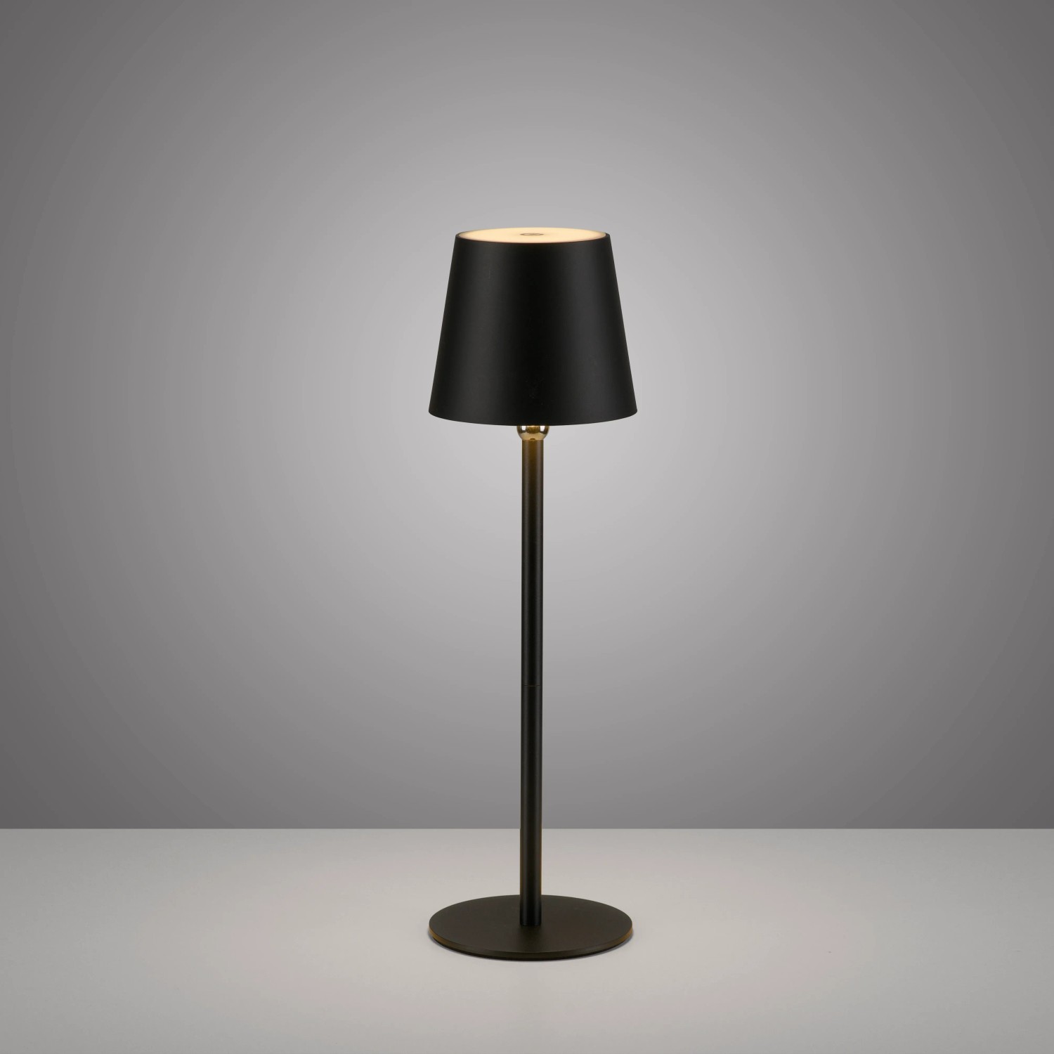 Schwarze Akku-LED-Tischleuchte Boteria, Ø 11 cm, 37 cm hoch, für den Innen- und Außenbereich.