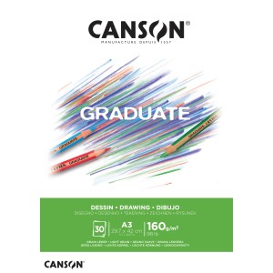 CANSON Graduate Zeichenpapier A3, 160gsm, Block mit 30 Blatt, leichte Körnung.