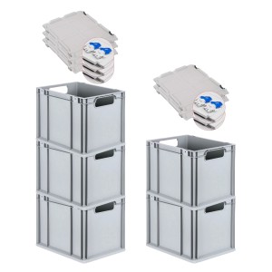 PROREGAL Spar Set: 5 graue Euroboxen mit Scharnierdeckel, 30 Liter, gestapelt.