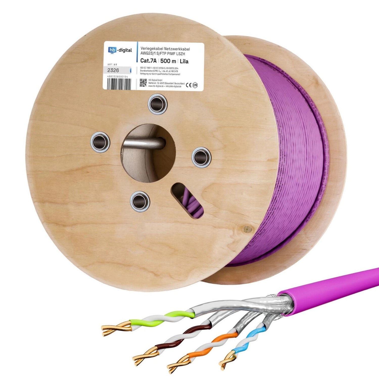 hb-digital Netzwerkkabel CAT 7a Verlegekabel max. 1200 MHz S/FTP AWG23 LSZH 500m lila