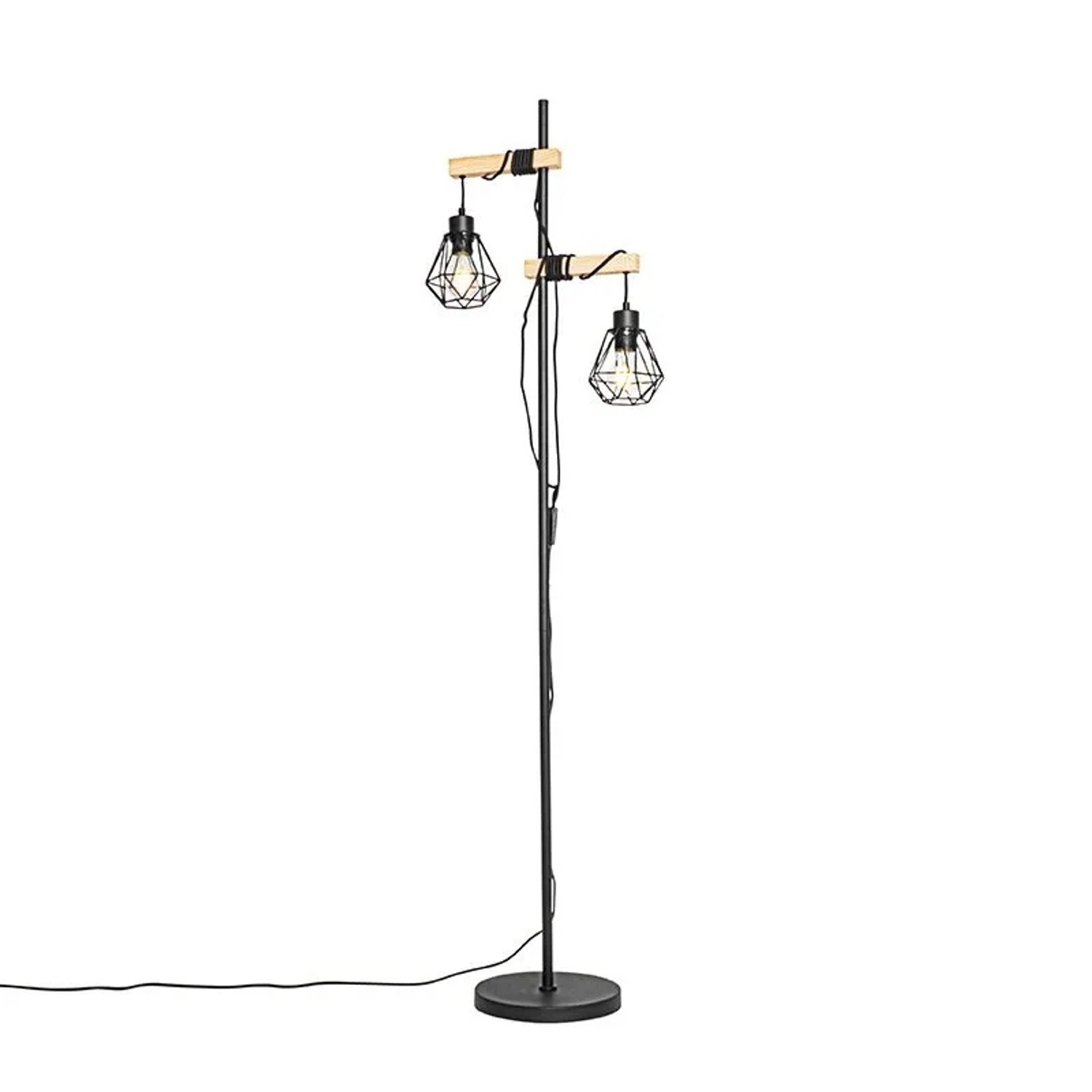 QAZQA Land Stehlampe Schwarz mit Holz 2-Licht Chon