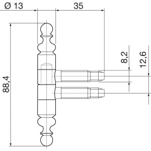 Technische Zeichnung des SFS Einbohrbands ø 13 mm mit Zierkopf und 3-Gewindebolzen, inklusive Maßen.
