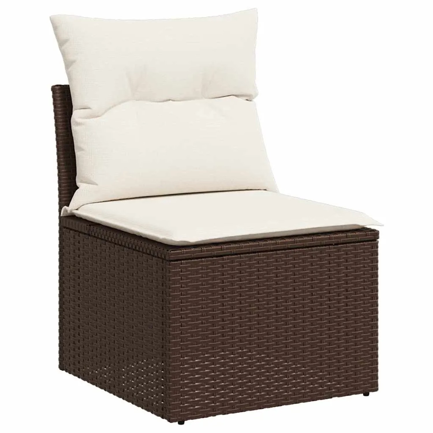 Braunes vidaXL Gartensofa aus Rattan mit cremefarbenen Kissen als Teil einer Gartenmöbel-Garnitur.