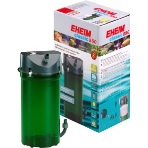 Eheim Außenfilter Classic 250 für Aquarien, mit Zubehör und Verpackung.