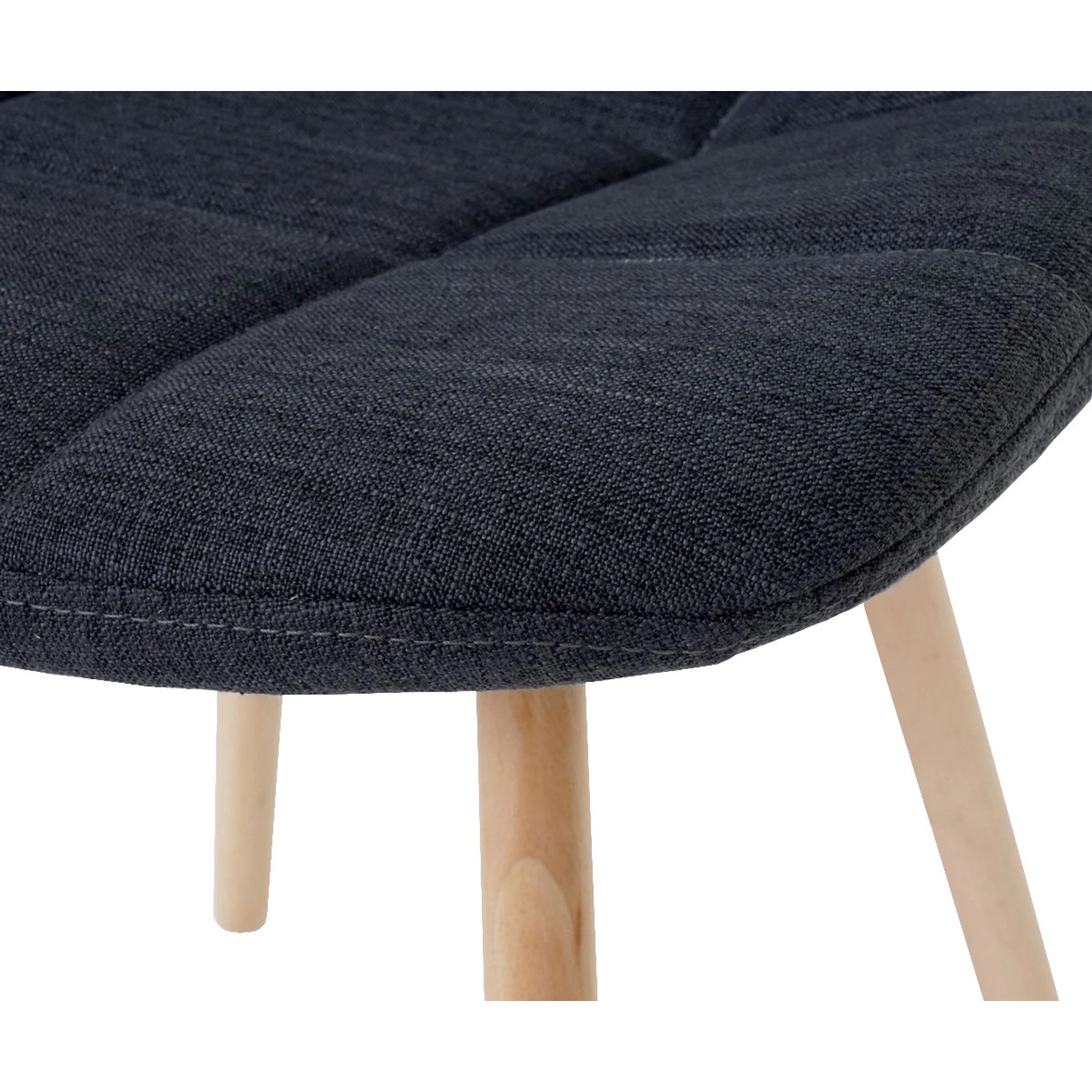 Detailansicht: Dunkelgrauer MCW Esszimmerstuhl A60 mit Stoffbezug und Holzbeinen.