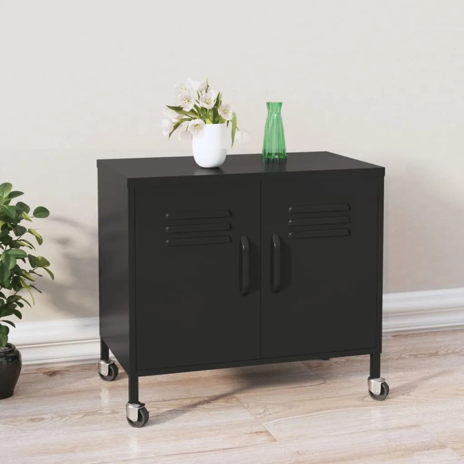 Schwarzer vidaXL Lagerschrank aus Stahl, 60x35x56 cm, mit Rollen und Lüftungsschlitzen.