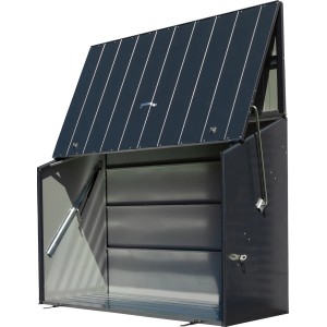 Geöffnete Trimetals Aufbewahrungsbox Sesame in Anthrazit (185x76 cm) für Fahrräder und Gartengeräte.