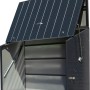 Geöffnete Trimetals Aufbewahrungsbox Sesame in Anthrazit (185x76 cm) für Fahrräder und Gartengeräte.