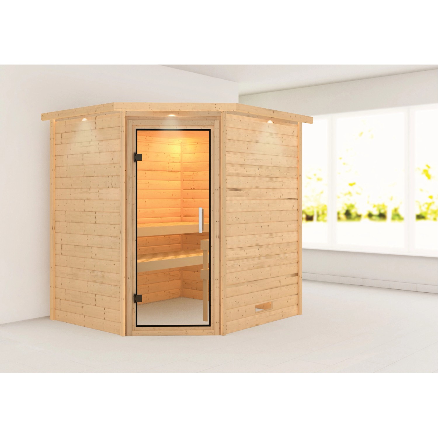 Karibu Sauna Mia und LED-Dachkranz Natur günstig online kaufen