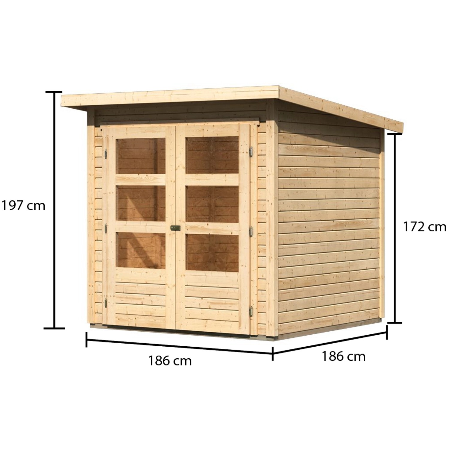 Karibu Holz-Gartenhaus Sitten, unbehandelt, mit Pultdach und Doppeltür, Maße: 182x182 cm.