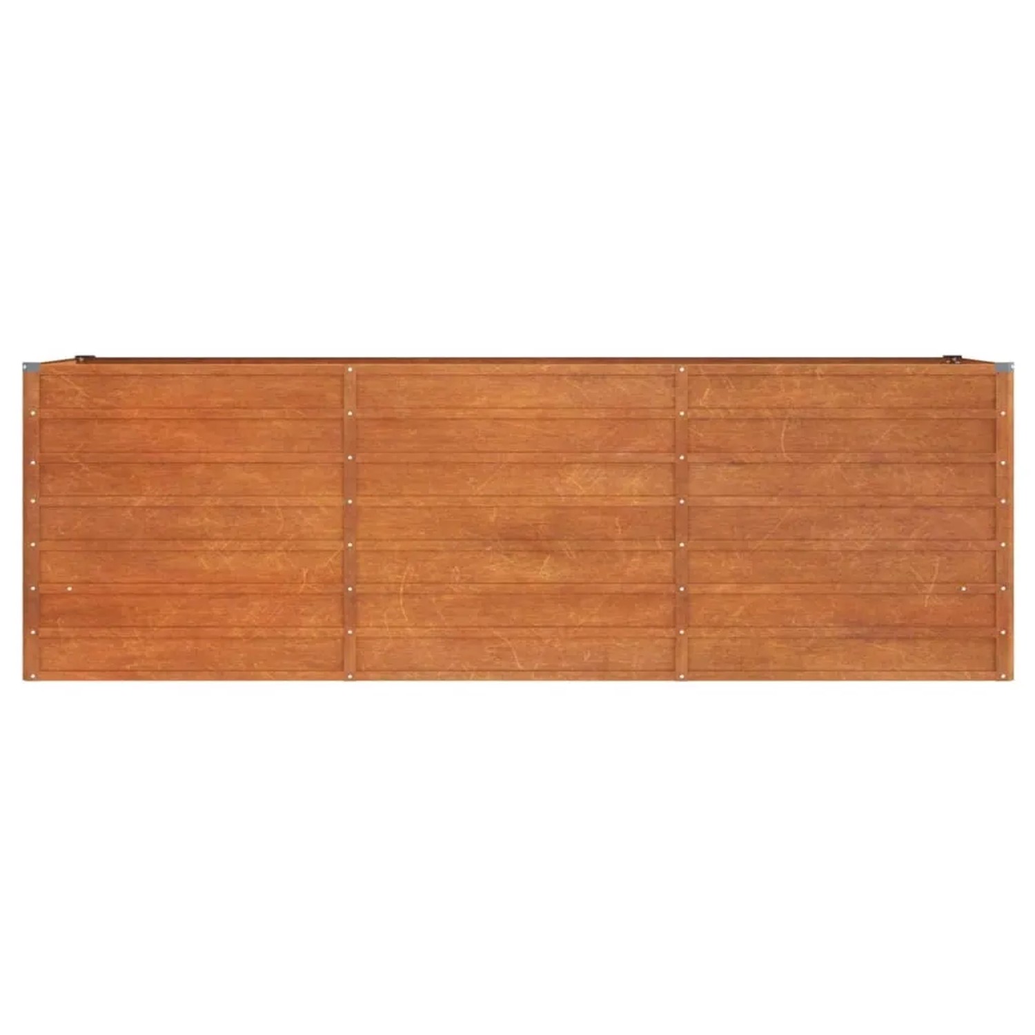 Rechteckiges, rostfarbenes Hochbeet aus Cortenstahl, 240x80x77 cm, von oben fotografiert.