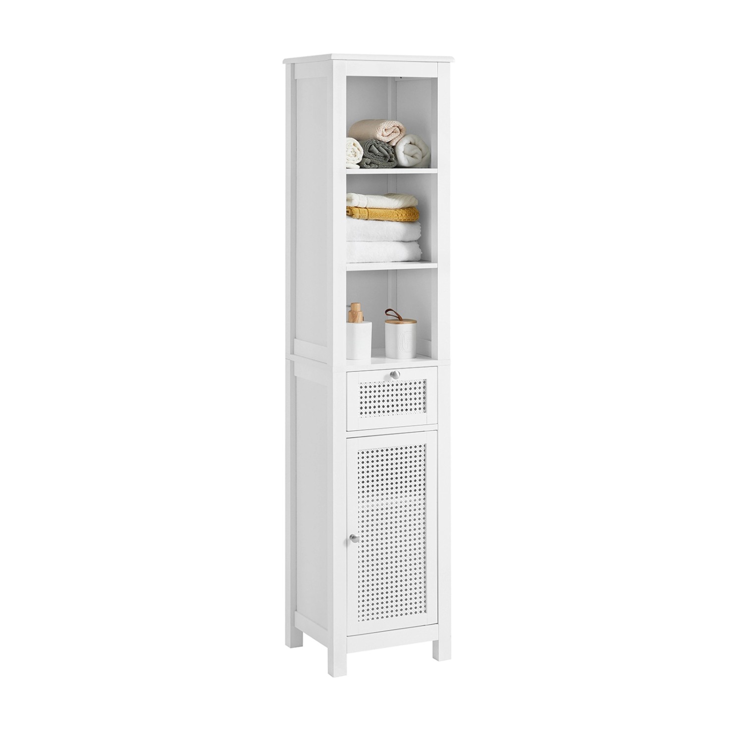 SoBuy Hochschrank mit 3 offenem Fächern und 1 Schublade MDF Weiß BZR36-W