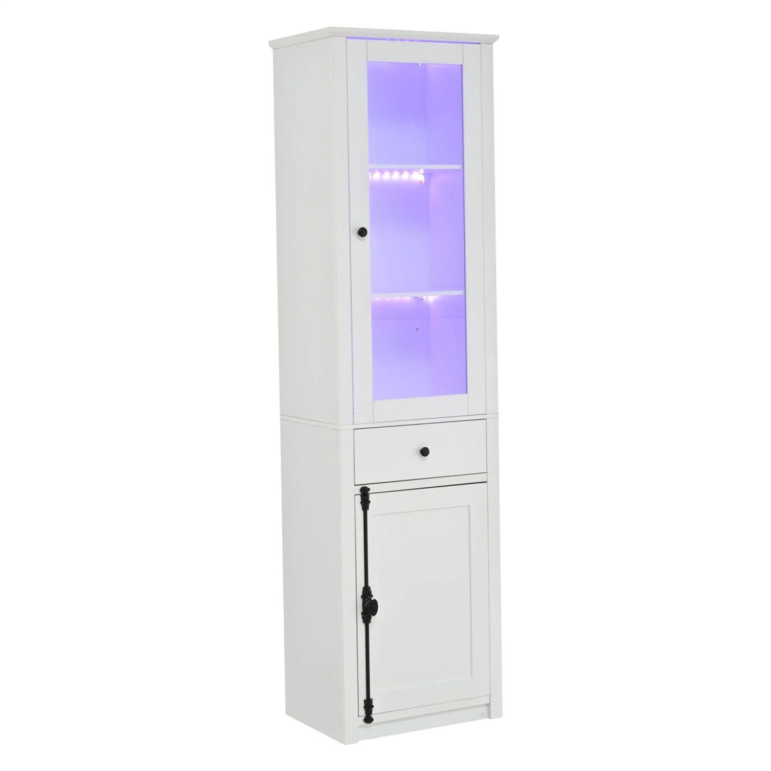 okwish Hochschrank mit LED Glasvitrine Schublade Metallgriffe Wohnzimmer 55x40x200cm Weiß