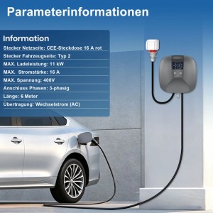 Junsun Mobile Wallbox 11kW Elektroauto Ladegerät Typ 2 CEE 6-16A Einstellbar Rot 6m