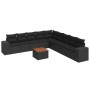 Schwarze 10-tlg. vidaXL Garten-Sofagarnitur aus Poly Rattan mit Kissen und Akazienholztisch.