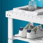 SoBuy Schuhregal/Sitzbank FSR02-K-W aus Bambus, weiß lackiert, mit Schuhen und Deko.