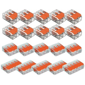 20 WAGO 221 Verbindungsklemmen Set: 2-, 3- und 5-polige Klemmen mit transparentem Gehäuse und orangefarbenen Hebeln für Elektroinstallation.