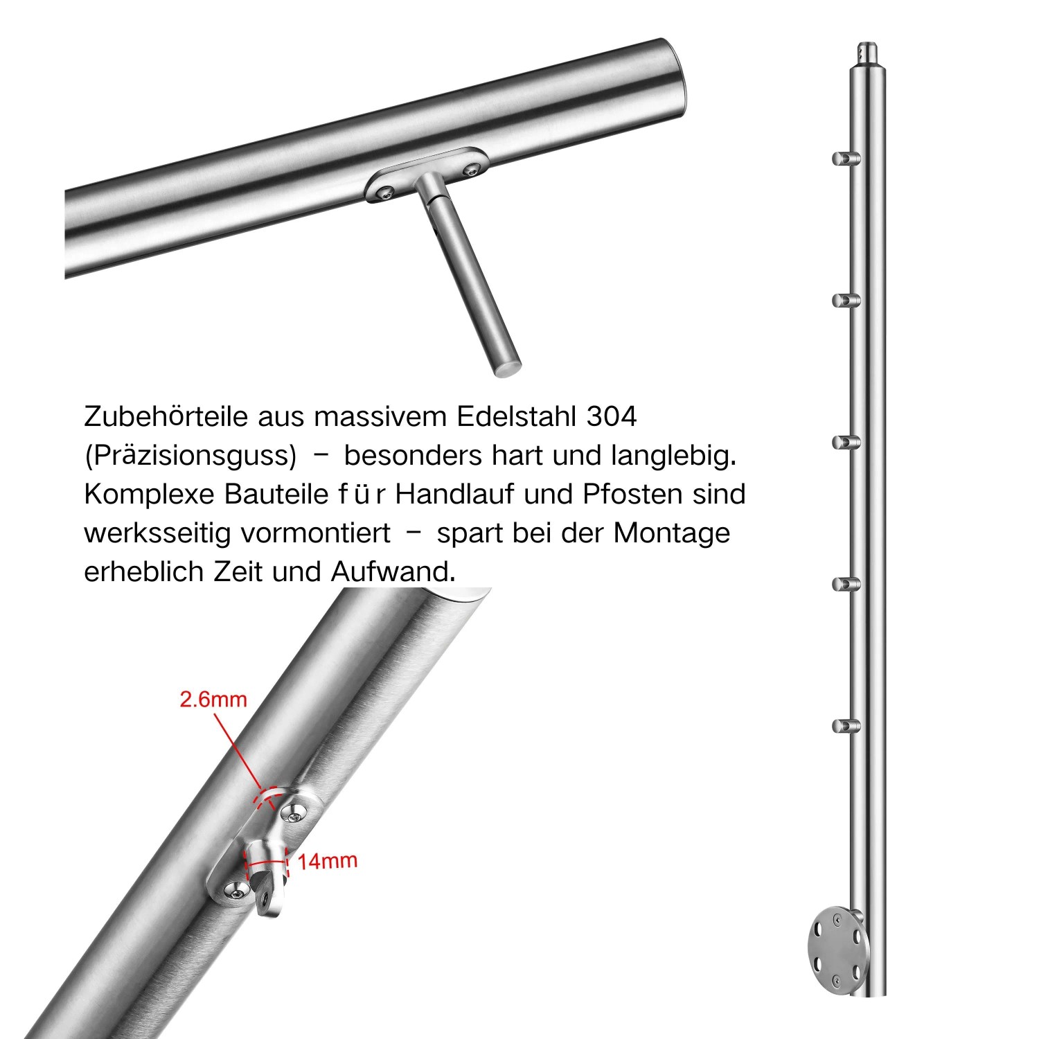 Edelstahl 304 Geländer mit 5 Querstäben, seitlicher Befestigung. Details der vormontierten Teile für Treppen.
