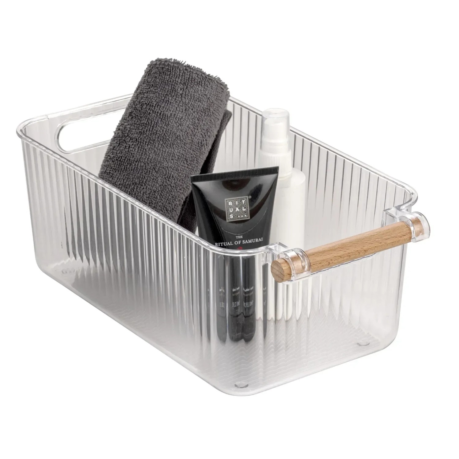 Wenko Badbox-Set Nantes, 3 transparente Kunststoffboxen mit Buchenholzgriffen, gefüllt mit Badutensilien.