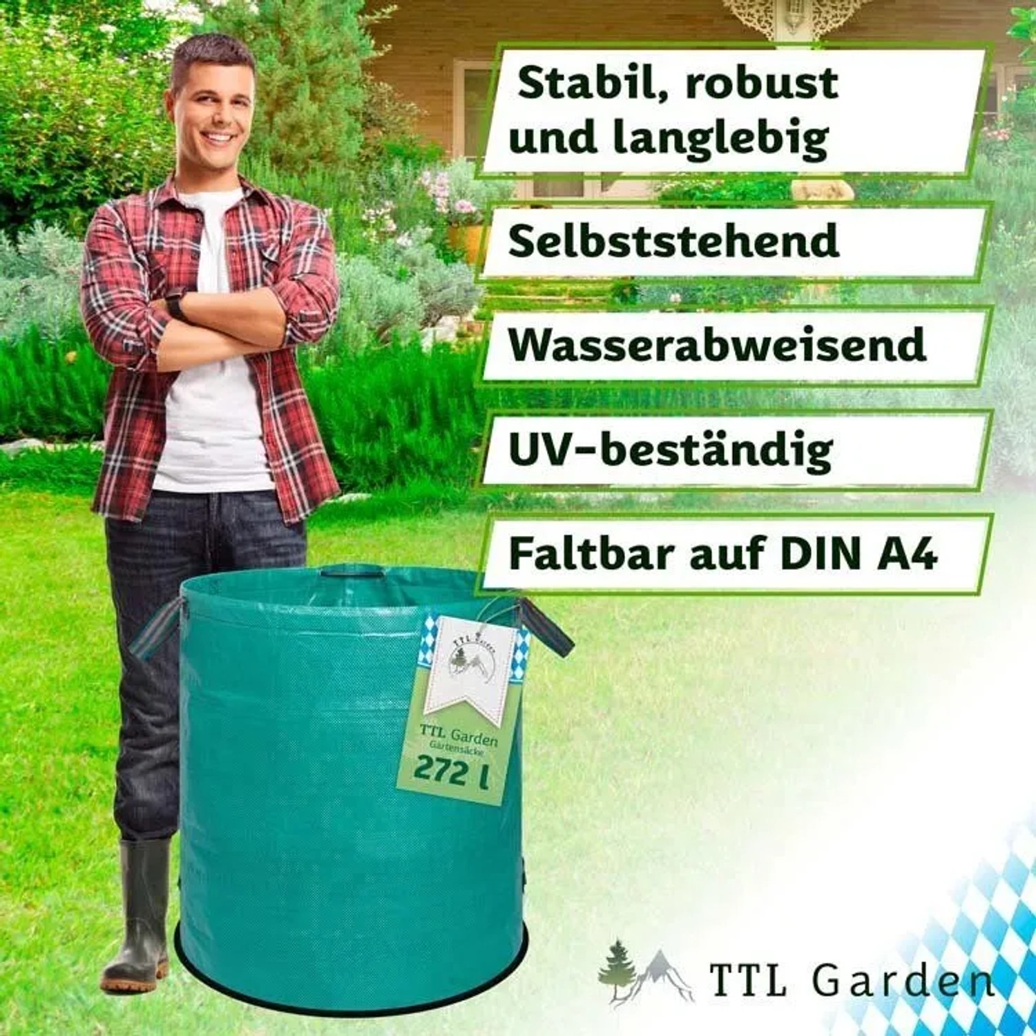 Grüner TTL GARDEN Gartensack 272 L mit Griffen, selbststehend, für Laub und Gartenabfall. Mann im Garten.