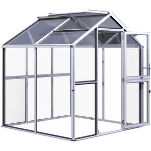 KGT Gewächshaus Galant II, Tannengrün, 4,48 m² mit geöffneter Tür und Dachfenster.