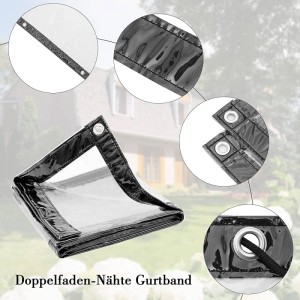 Transparente WOLTU PVC Abdeckplane 2x4 m mit Ösen und Seil, Detailansichten der verstärkten Ränder.