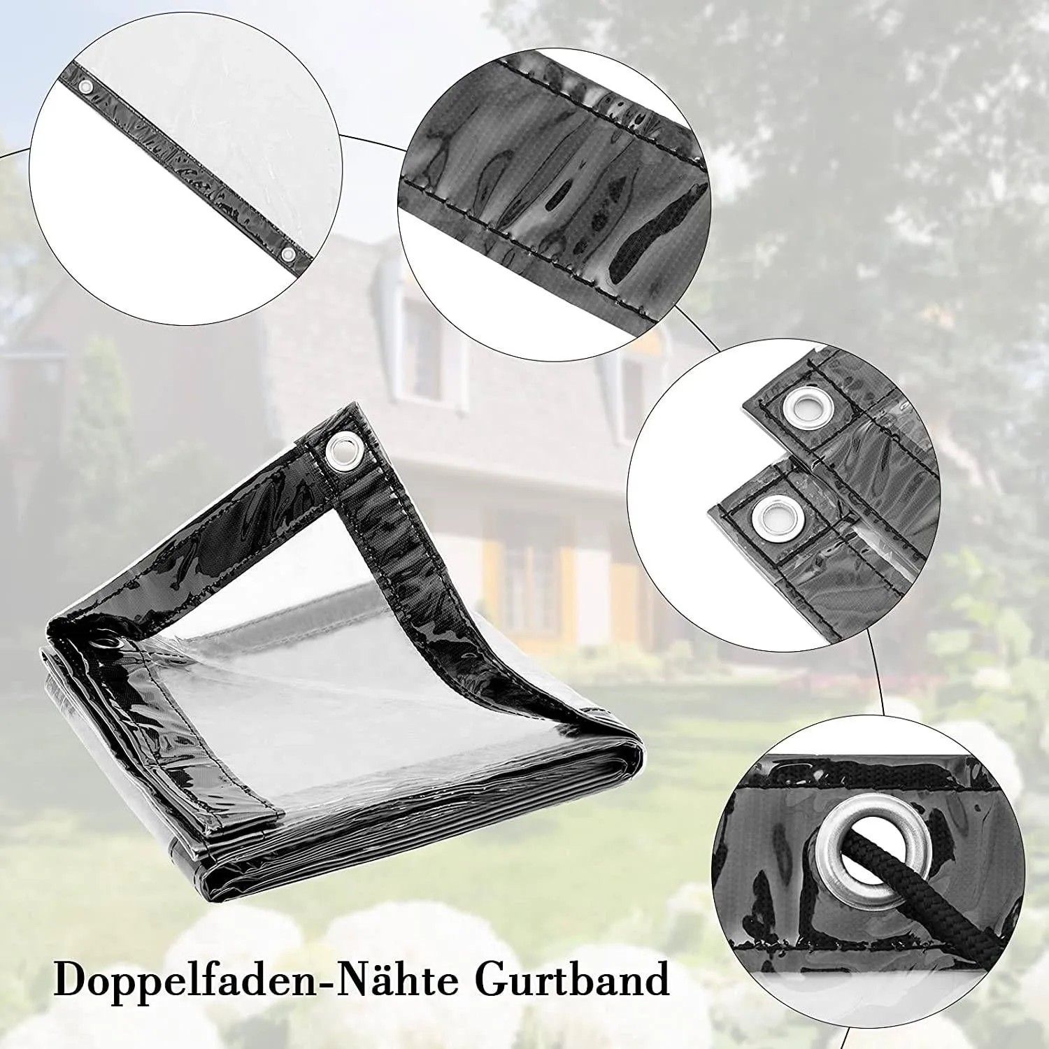 Transparente WOLTU PVC Abdeckplane 2x4 m mit Ösen und Seil, Detailansichten der verstärkten Ränder.
