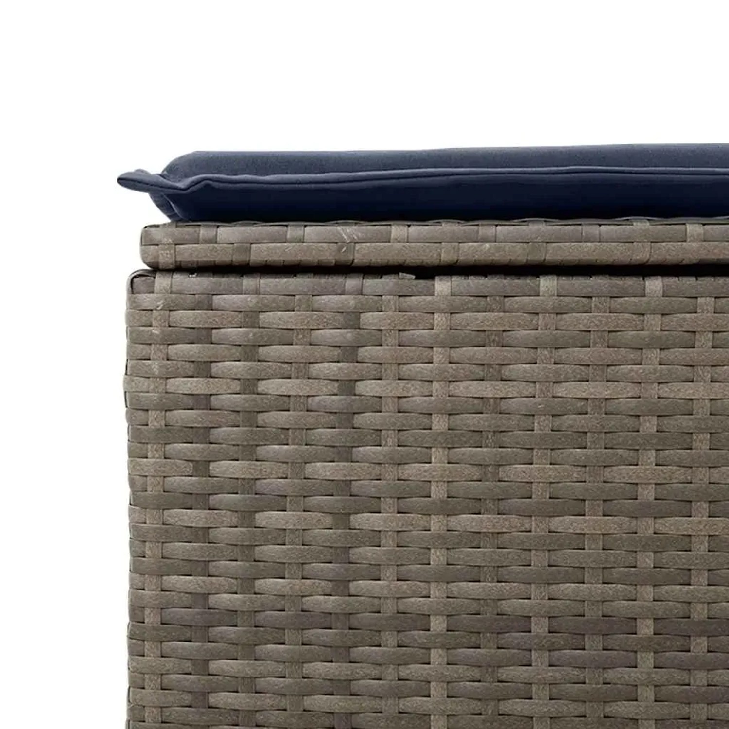 Detailaufnahme: Grauer Polyrattan Gartenhocker mit blauem Kissen, Teil der vidaXL Sofagarnitur.