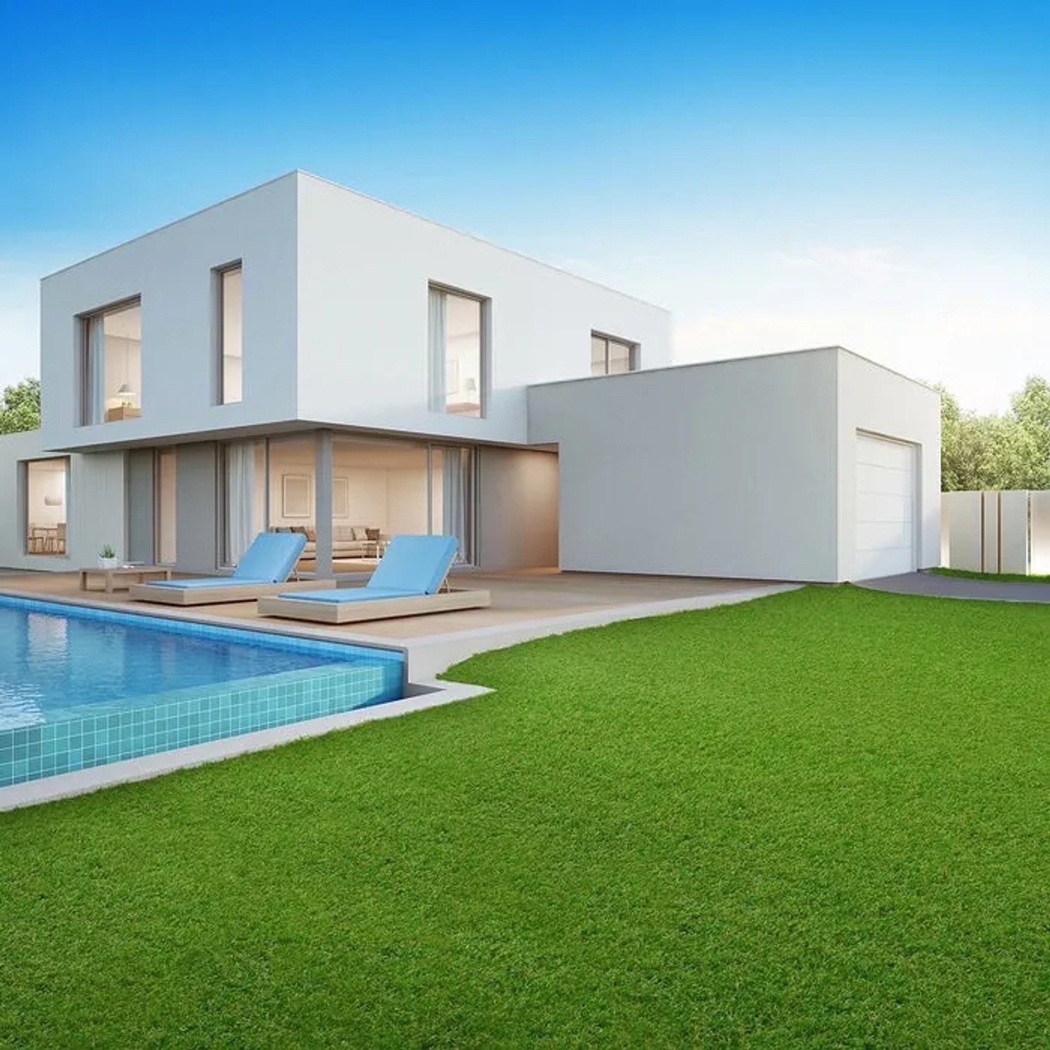 Sattes Grün: Karat Kunstrasen Marbella 26mm im Garten mit Pool und Liegen.