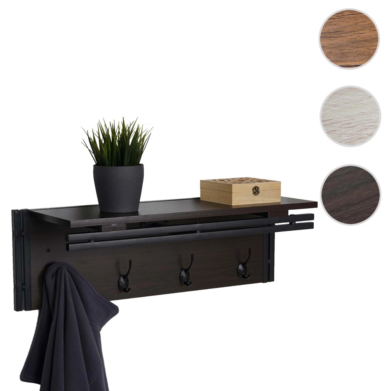 MCW Wandgarderobe A27 in Dunkelbraun mit 4 Haken, Stange und Ablage mit 3D-Struktur.