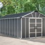 Großes, anthrazitfarbenes Palram Metall-Gerätehaus Yukon mit Doppeltür und Satteldach. Ideal zur Aufbewahrung im Garten.