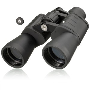 Schwarzes Bresser Hunter Fernglas 10x50 mit Tasche und Trageriemen.