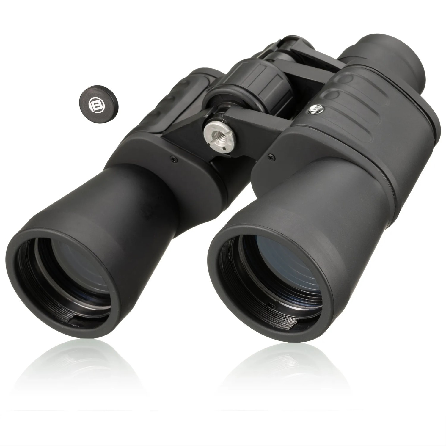 Schwarzes Bresser Hunter Fernglas 10x50 mit Tasche und Trageriemen.