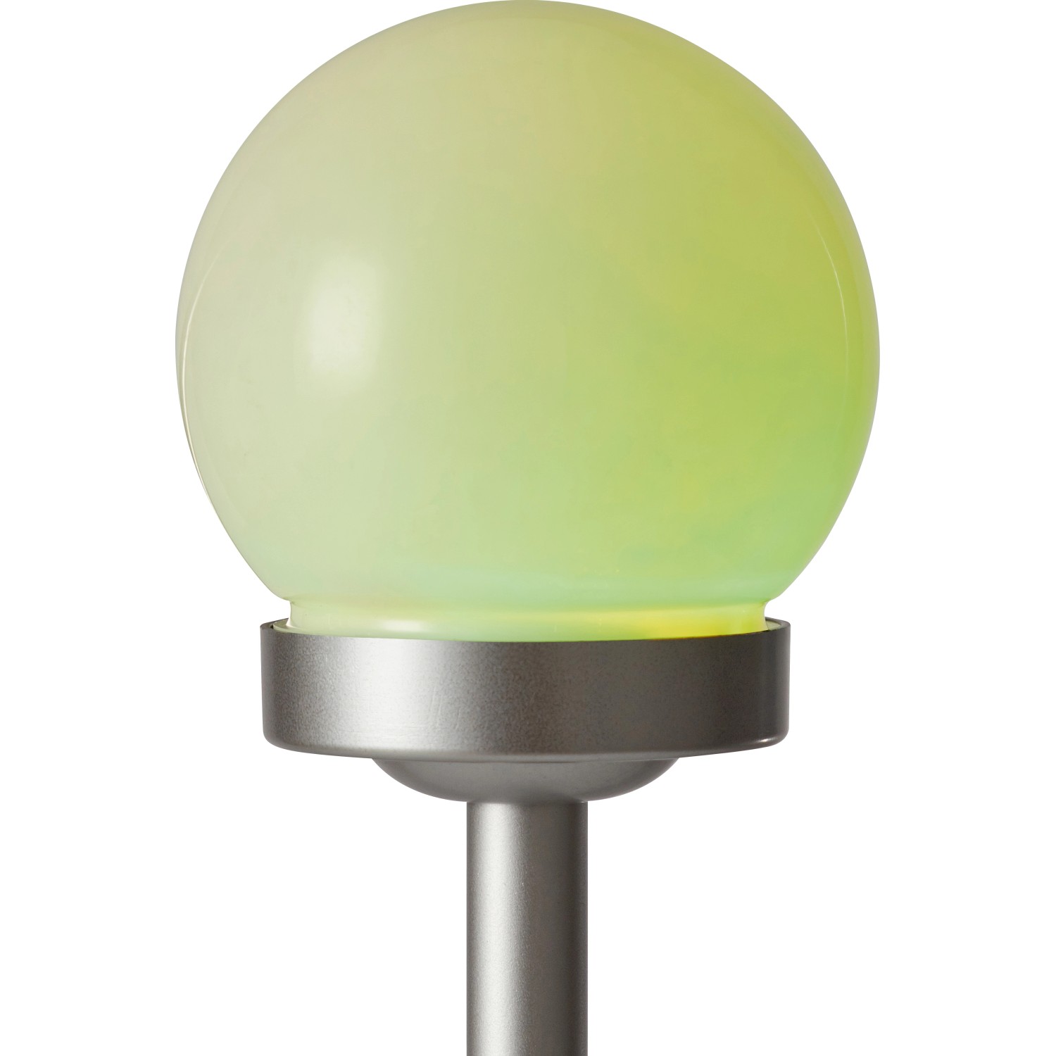 Weiße Solar-Dekokugel mit Erdspieß und Farbwechsel für den Garten.