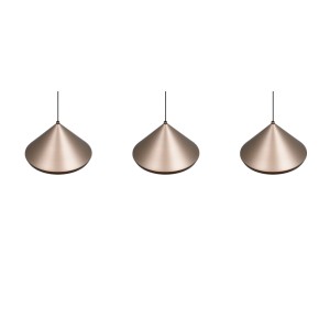 Drei moderne LED-Pendelleuchten Laguna in Kaffeefarbe. Konische Metallschirme hängen an schwarzen Kabeln.