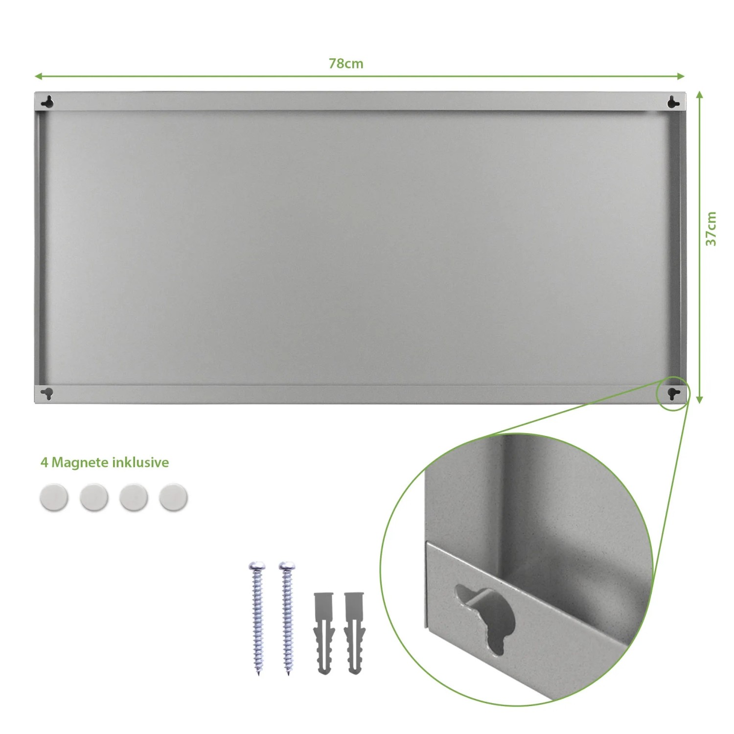 Silberne Magnettafel 78x37cm mit Montagematerial und 4 Magneten. Wanddekoration für Notizen und Fotos.