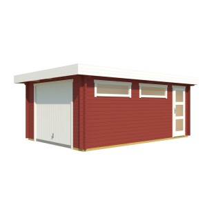 Lasita Garage Canberra, Schwedenrot, mit Schwingtor, seitlicher Tür und Fenstern.