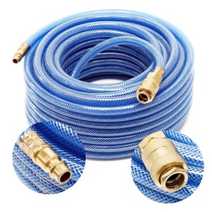 Blauer, aufgerollter 20m PVC Druckluftschlauch mit Gewebeeinlage und Schnellkupplungen aus Messing für Kompressoren.