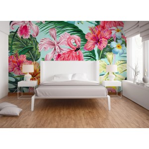 Fototapete mit Flamingo, Blätter und Blumen in Türkis und Rosa im Schlafzimmer.